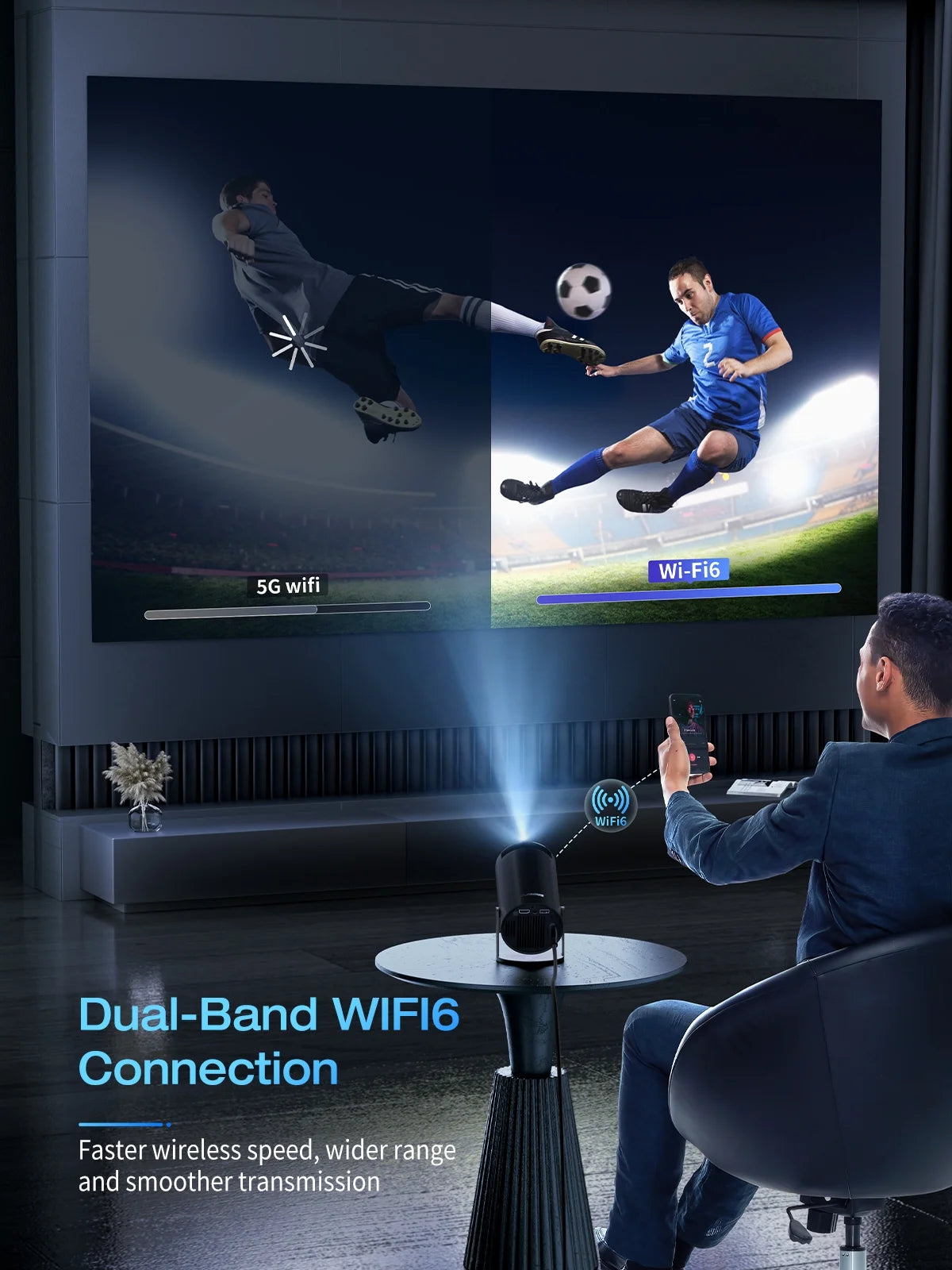 4K 1080P Mini Smart Projector for Movie Projection, Compatible with Phones - Black