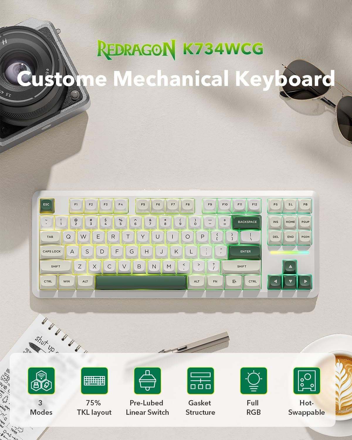 K734W 75% Wireless Mechanical Keyboard with RGB Lighting - White & Green | Bluetooth 5.0/2.4G/USB-C, 81-Key TKL Custom Hot Swappable Gaming Keyboard, Pre-Lubed Linear Switches, Gasket Design for PC/MAC