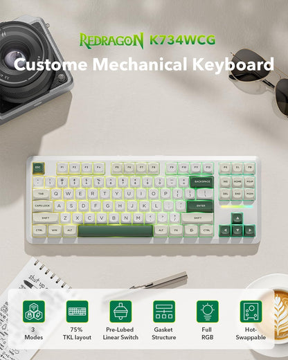 K734W 75% Wireless Mechanical Keyboard with RGB Lighting - White & Green | Bluetooth 5.0/2.4G/USB-C, 81-Key TKL Custom Hot Swappable Gaming Keyboard, Pre-Lubed Linear Switches, Gasket Design for PC/MAC