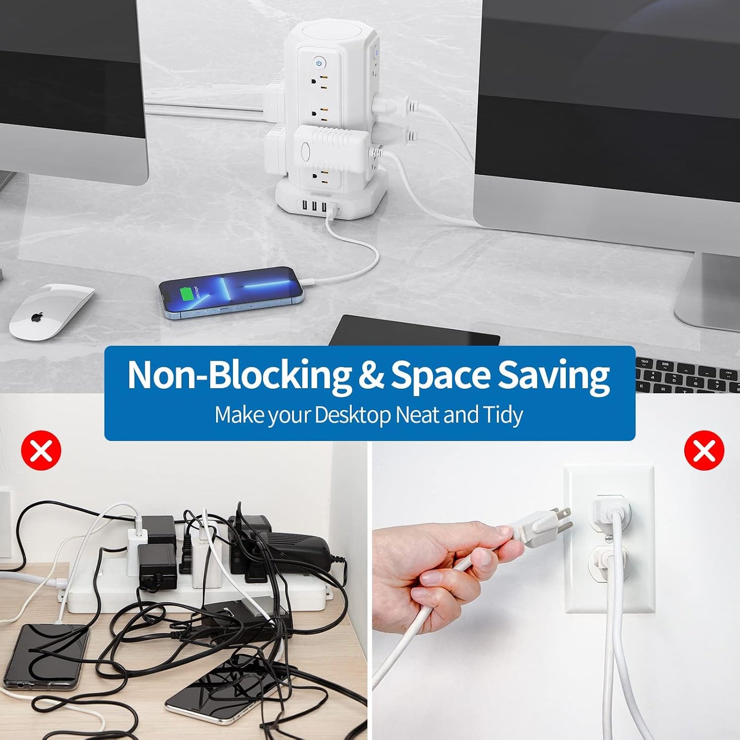 10-Foot Power Strip Tower with 16 Outlets, 1875W, 15A, Flat Plug Surge Protector, 4 USB Ports, Individual Switches, 1080 Joules Overload Protection for Home Office, White