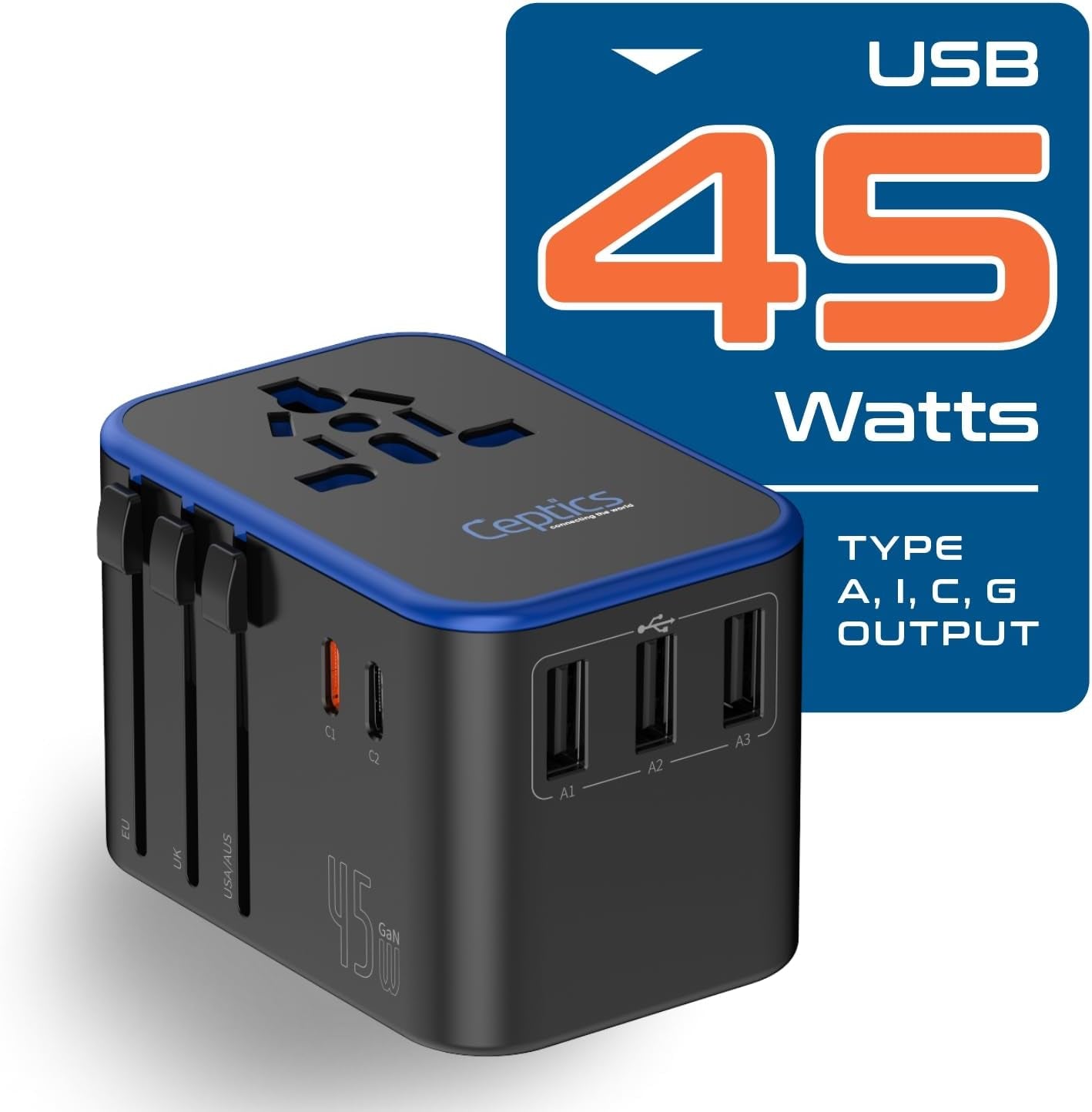 45W Universal Travel Adapter W/ 3 USB-A, 2 USB-C & Universal Input | International Power Adapter, Type A, C, G & I Plugs, Universal Socket for Global Compatibility, PD 45W Fast Charge