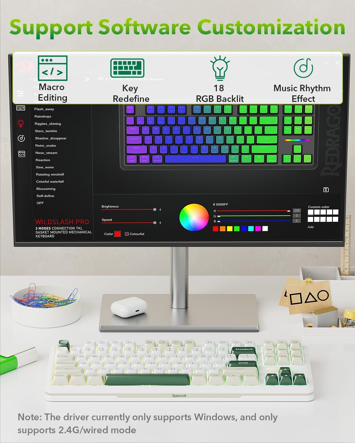 K734W 75% Wireless Mechanical Keyboard with RGB Lighting - White & Green | Bluetooth 5.0/2.4G/USB-C, 81-Key TKL Custom Hot Swappable Gaming Keyboard, Pre-Lubed Linear Switches, Gasket Design for PC/MAC