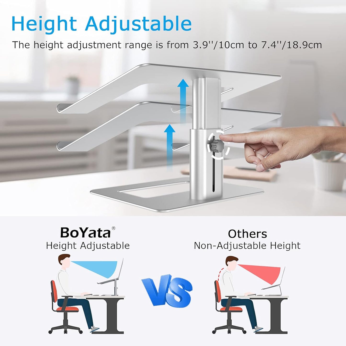 Height Adjustable Ergonomic Laptop Stand for 11-17" Laptops | Ventilated U-Shaped Design, Sturdy Notebook Riser in Silver