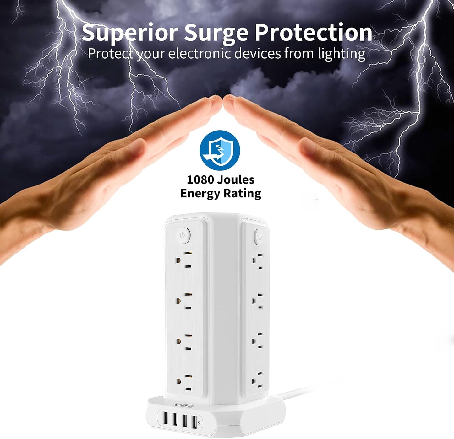 10-Foot Power Strip Tower with 16 Outlets, 1875W, 15A, Flat Plug Surge Protector, 4 USB Ports, Individual Switches, 1080 Joules Overload Protection for Home Office, White