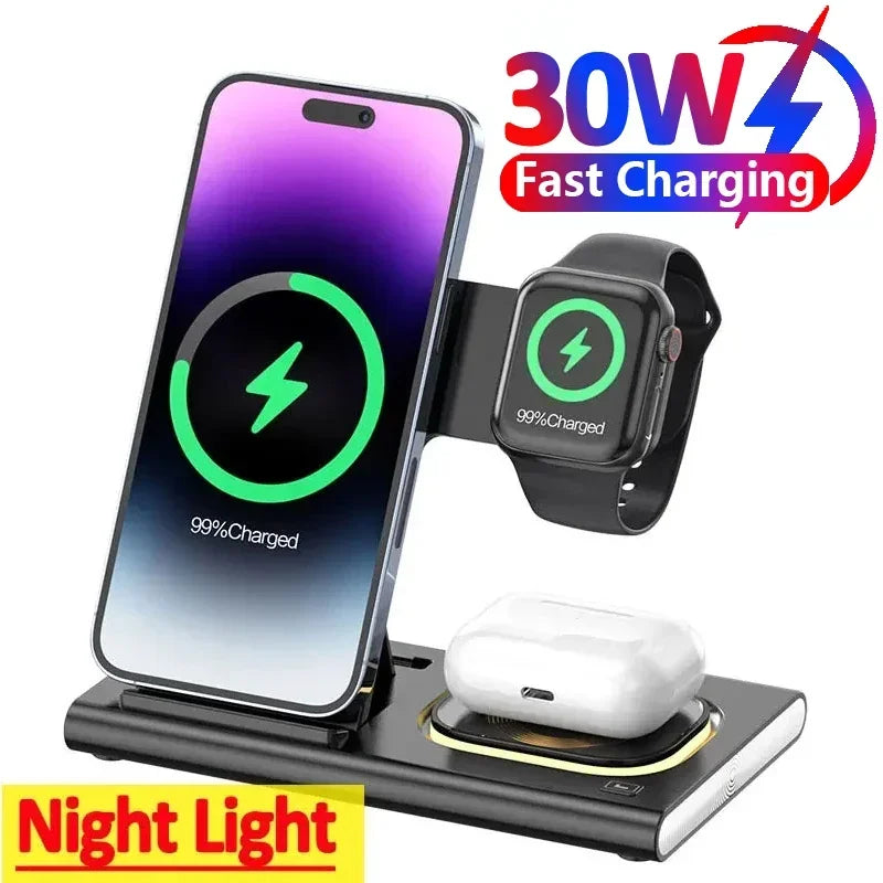 3-in-1 30W Foldable Fast Charging Dock Station for iPhone 15/14/13/12 Pro Max, Apple Watch Series 8/7/6, and AirPods - Wireless Charger