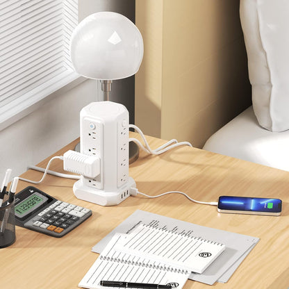10-Foot Power Strip Tower with 16 Outlets, 1875W, 15A, Flat Plug Surge Protector, 4 USB Ports, Individual Switches, 1080 Joules Overload Protection for Home Office, White