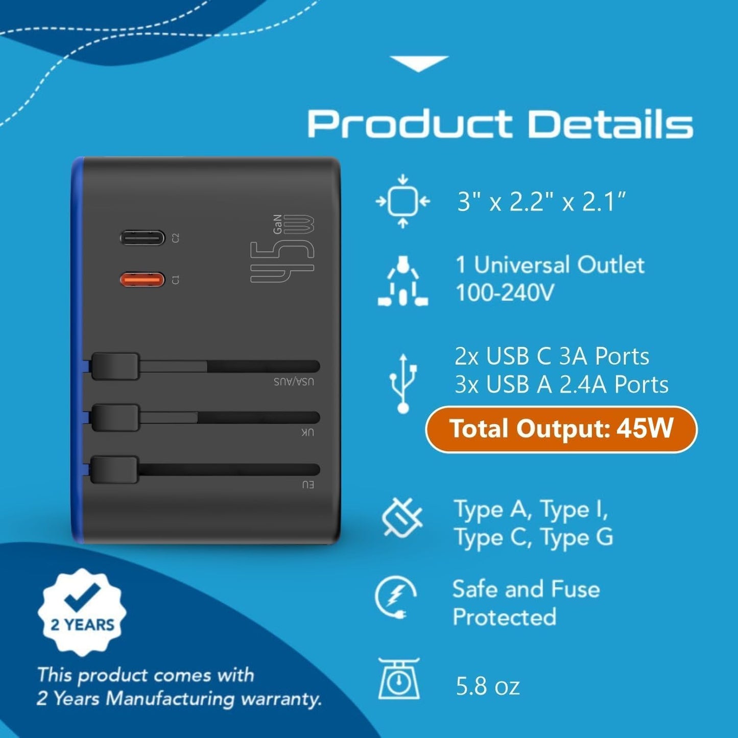 45W Universal Travel Adapter W/ 3 USB-A, 2 USB-C & Universal Input | International Power Adapter, Type A, C, G & I Plugs, Universal Socket for Global Compatibility, PD 45W Fast Charge