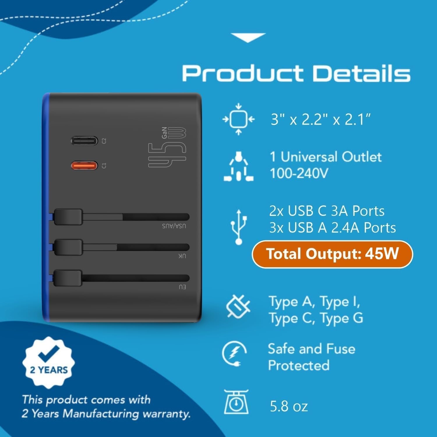 45W Universal Travel Adapter W/ 3 USB-A, 2 USB-C & Universal Input | International Power Adapter, Type A, C, G & I Plugs, Universal Socket for Global Compatibility, PD 45W Fast Charge