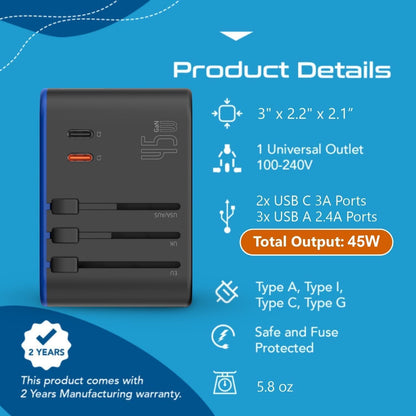 45W Universal Travel Adapter W/ 3 USB-A, 2 USB-C & Universal Input | International Power Adapter, Type A, C, G & I Plugs, Universal Socket for Global Compatibility, PD 45W Fast Charge