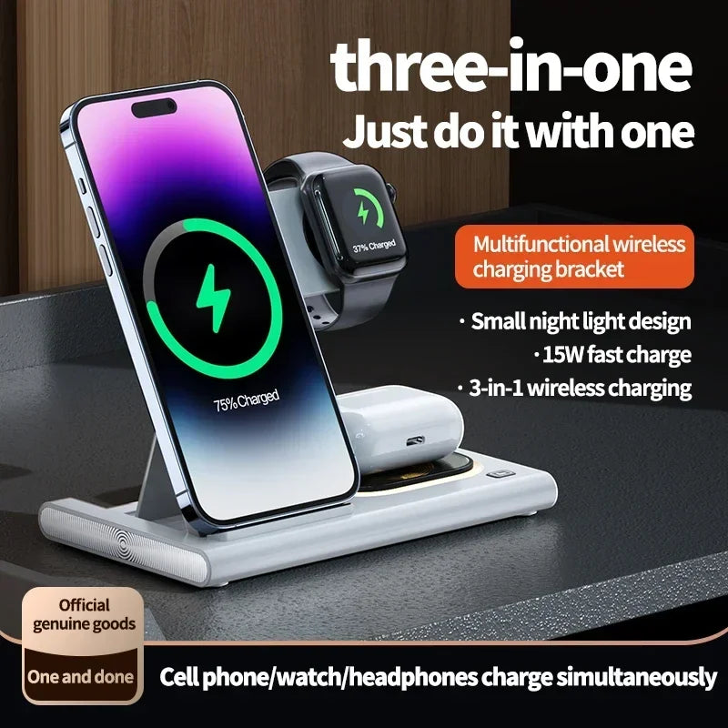 3-in-1 30W Foldable Fast Charging Dock Station for iPhone 15/14/13/12 Pro Max, Apple Watch Series 8/7/6, and AirPods - Wireless Charger