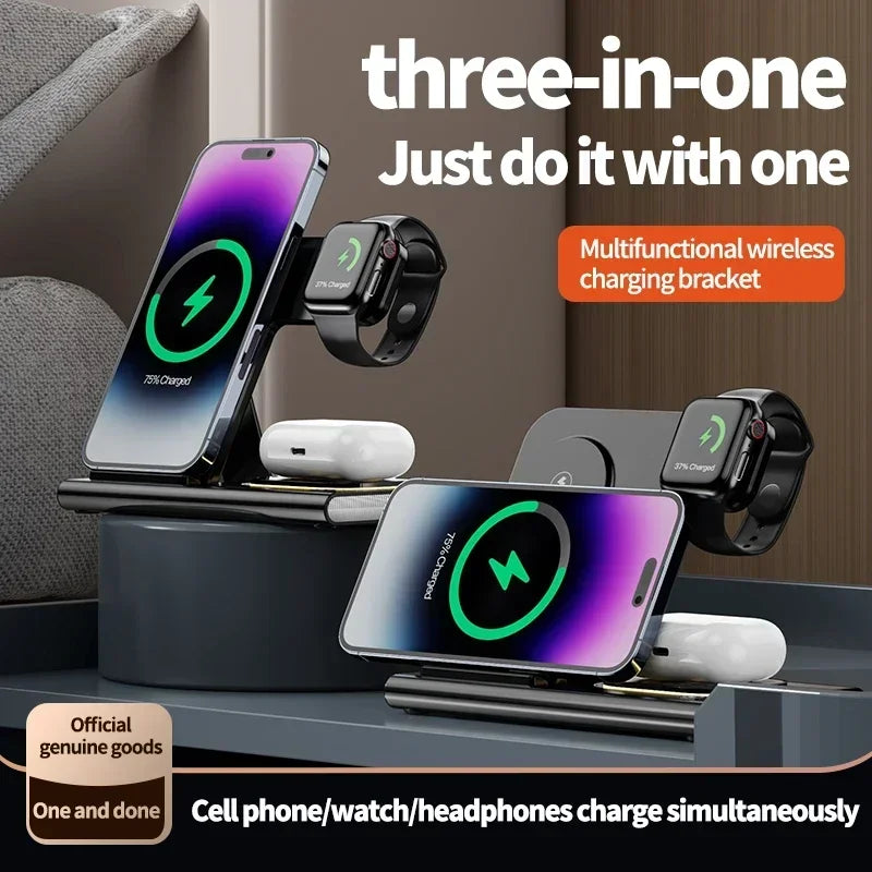 3-in-1 30W Foldable Fast Charging Dock Station for iPhone 15/14/13/12 Pro Max, Apple Watch Series 8/7/6, and AirPods - Wireless Charger