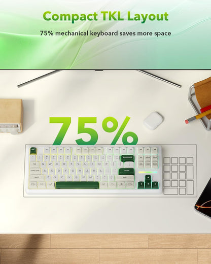 K734W 75% Wireless Mechanical Keyboard with RGB Lighting - White & Green | Bluetooth 5.0/2.4G/USB-C, 81-Key TKL Custom Hot Swappable Gaming Keyboard, Pre-Lubed Linear Switches, Gasket Design for PC/MAC