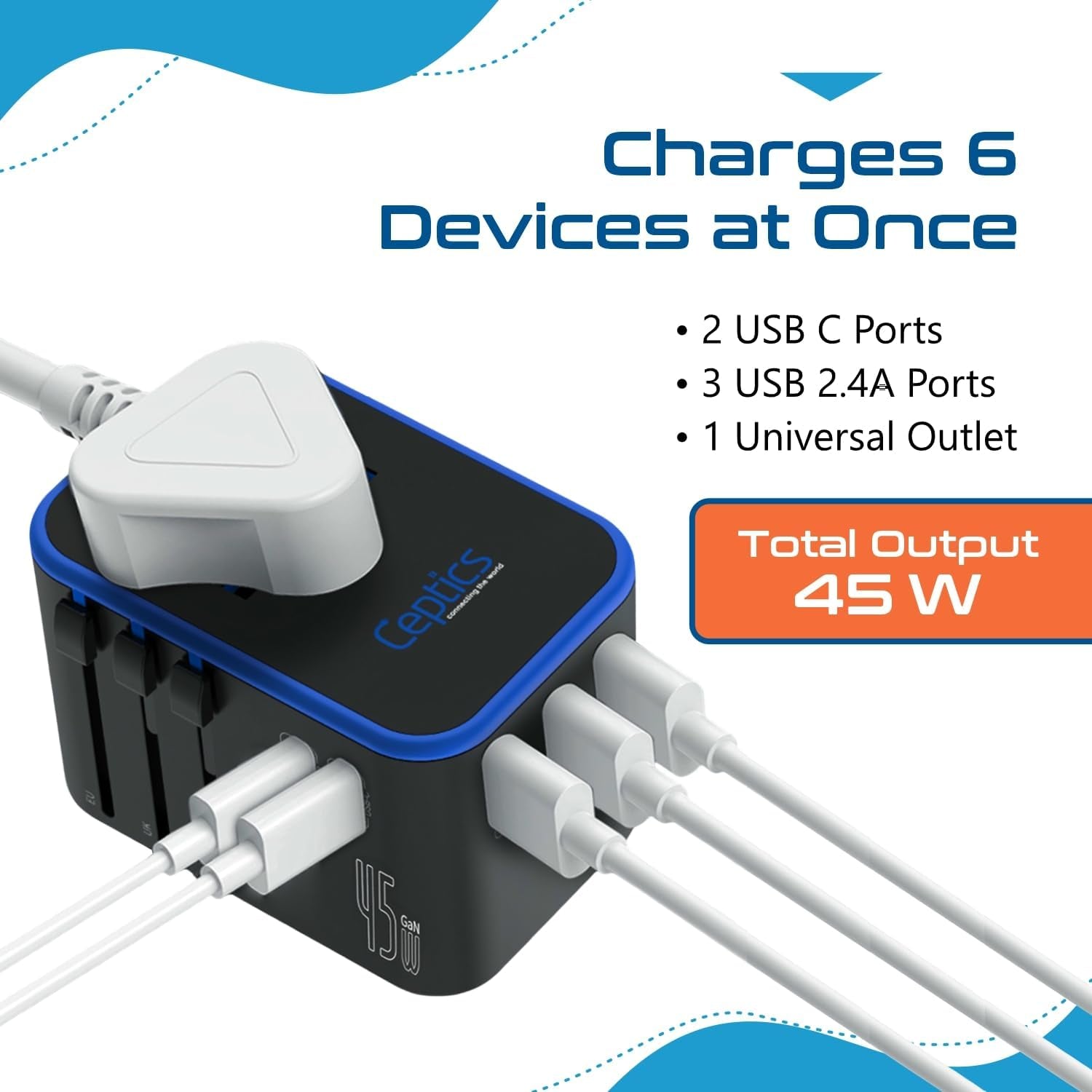 45W Universal Travel Adapter W/ 3 USB-A, 2 USB-C & Universal Input | International Power Adapter, Type A, C, G & I Plugs, Universal Socket for Global Compatibility, PD 45W Fast Charge