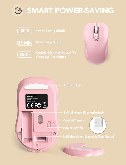 Wireless Mouse for Laptop, Ergonomic 6-Button Mouse, Baby Pink | 2.4Ghz USB Receiver, Back/Forward Buttons, 3 Adjustable DPI Levels, Silent Clicks, USB-C Adapter, Windows/Mac/Chrome Os/Linux