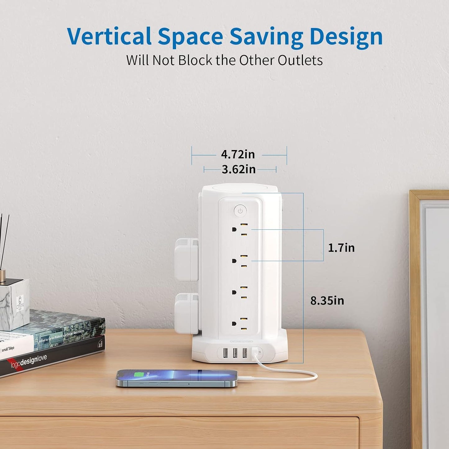 10-Foot Power Strip Tower with 16 Outlets, 1875W, 15A, Flat Plug Surge Protector, 4 USB Ports, Individual Switches, 1080 Joules Overload Protection for Home Office, White