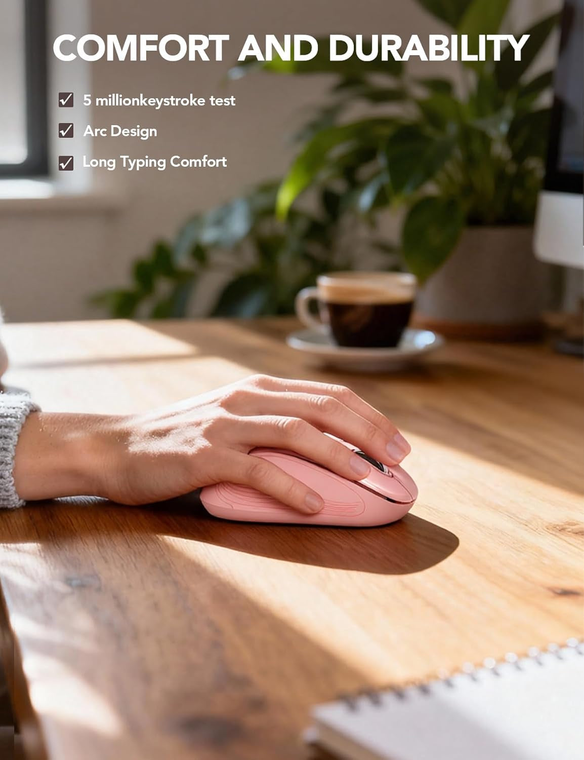 Wireless Mouse for Laptop, Ergonomic 6-Button Mouse, Baby Pink | 2.4Ghz USB Receiver, Back/Forward Buttons, 3 Adjustable DPI Levels, Silent Clicks, USB-C Adapter, Windows/Mac/Chrome Os/Linux