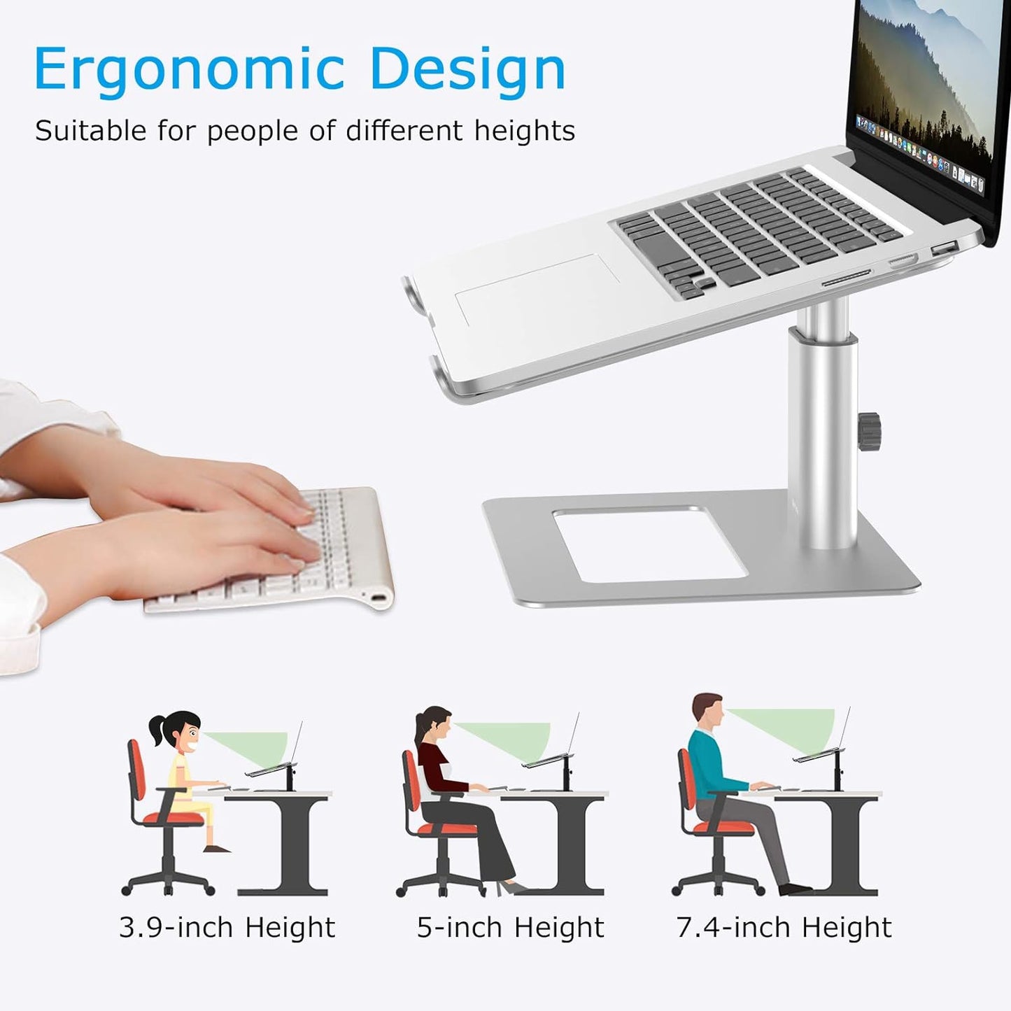 Height Adjustable Ergonomic Laptop Stand for 11-17" Laptops | Ventilated U-Shaped Design, Sturdy Notebook Riser in Silver