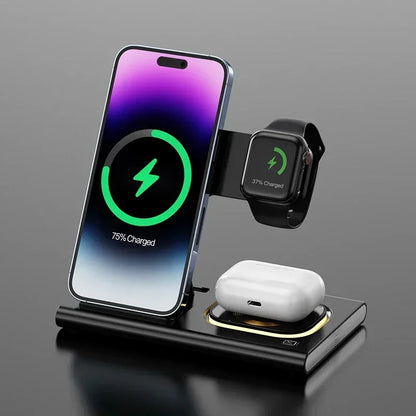 3-in-1 30W Foldable Fast Charging Dock Station for iPhone 15/14/13/12 Pro Max, Apple Watch Series 8/7/6, and AirPods - Wireless Charger