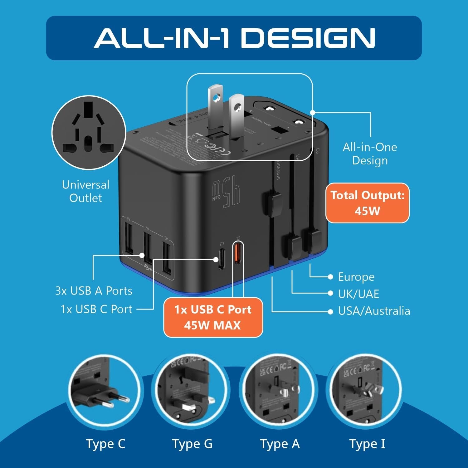 45W Universal Travel Adapter W/ 3 USB-A, 2 USB-C & Universal Input | International Power Adapter, Type A, C, G & I Plugs, Universal Socket for Global Compatibility, PD 45W Fast Charge
