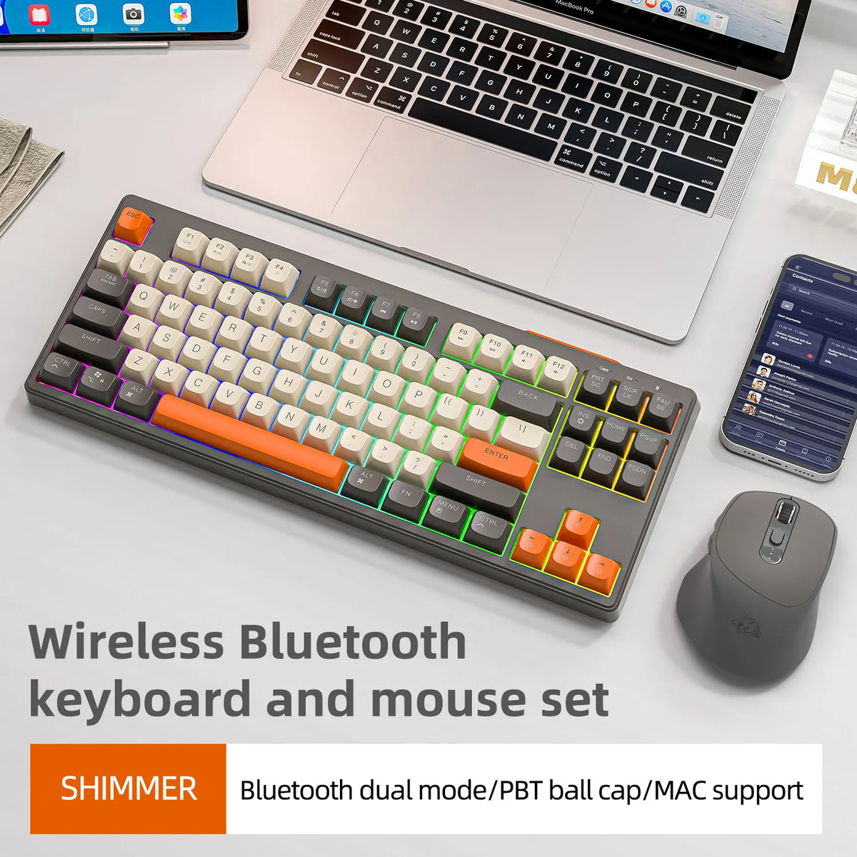 M87 Wireless Keyboard Gaming,87keys Dual Mode Bluetooth Keyboard with Rainbow-light RGB,PBT Ballcaps for Silent Office Gaming