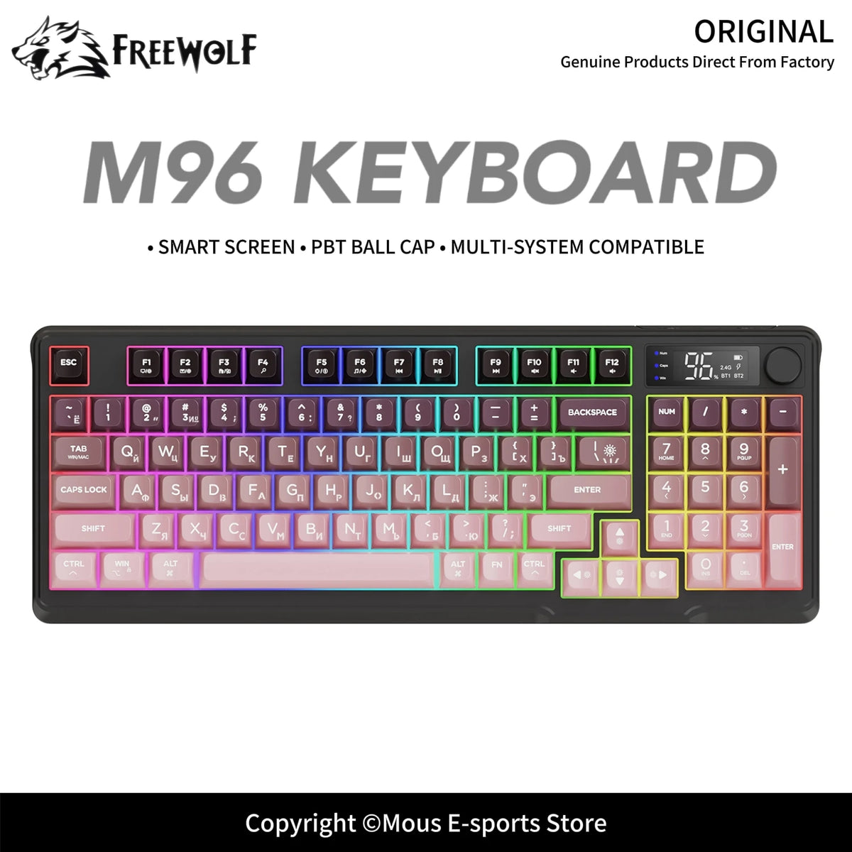 M96 FREEWOLF Multi-Device Gaming Keyboard 2000mAh BatteryErgonomic Colored Light Compatible for Windows/Mac