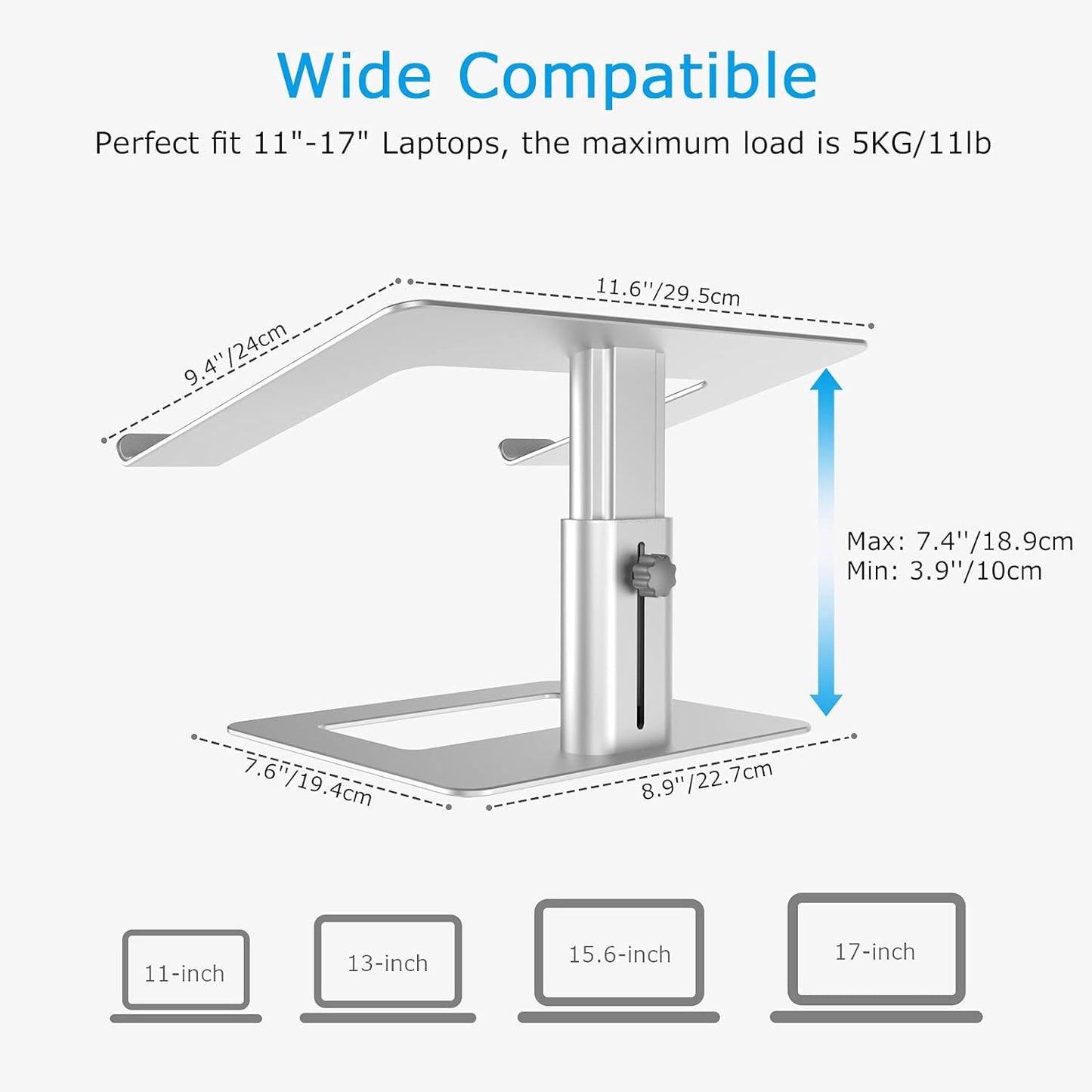 Height Adjustable Ergonomic Laptop Stand for 11-17" Laptops | Ventilated U-Shaped Design, Sturdy Notebook Riser in Silver