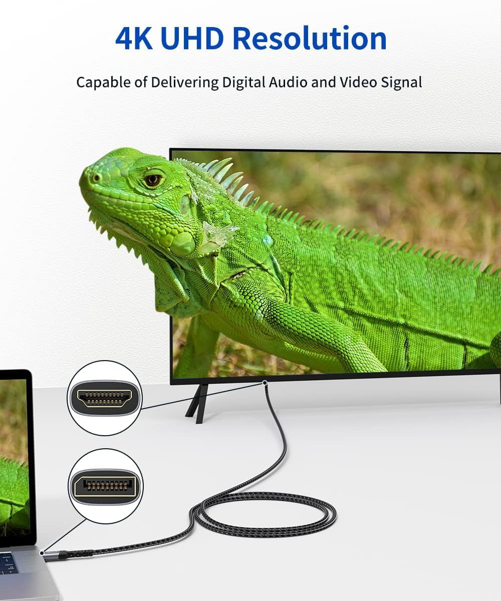 10FT DisplayPort to HDMI Cable, 4K@30Hz UHD, DP to HDMI for Dell Monitors, Projectors, Desktops, Compatible with AMD, NVIDIA, Lenovo, HP, Nylon Braided Design, Supports 1440P/2K@60Hz