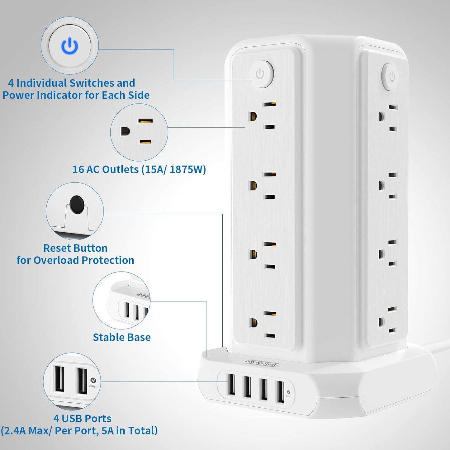10-Foot Power Strip Tower with 16 Outlets, 1875W, 15A, Flat Plug Surge Protector, 4 USB Ports, Individual Switches, 1080 Joules Overload Protection for Home Office, White