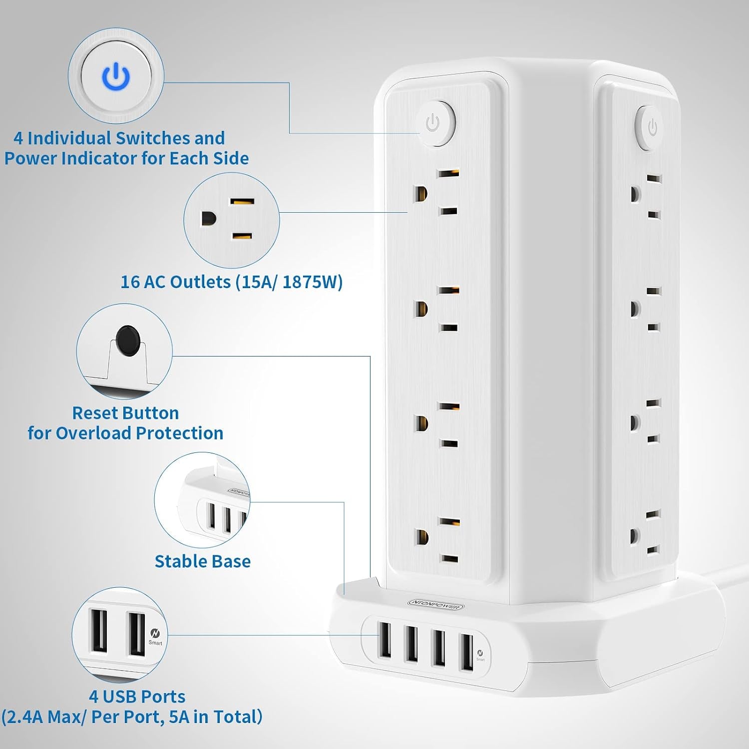 10-Foot Power Strip Tower with 16 Outlets, 1875W, 15A, Flat Plug Surge Protector, 4 USB Ports, Individual Switches, 1080 Joules Overload Protection for Home Office, White