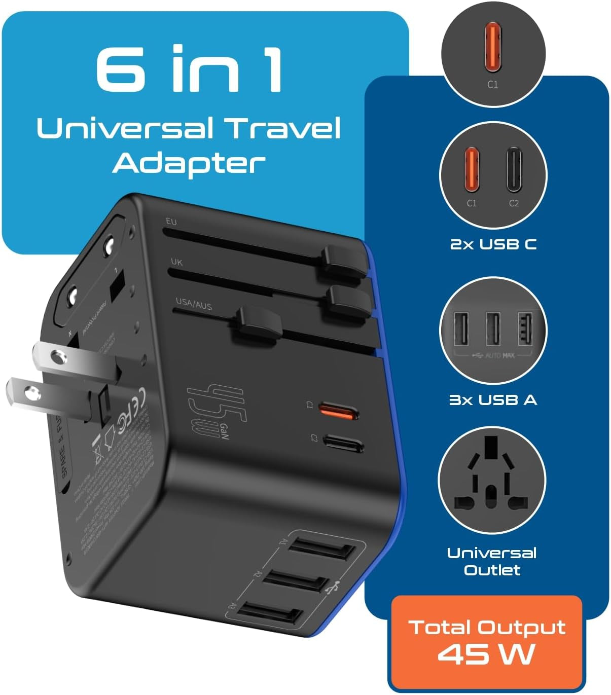 45W Universal Travel Adapter W/ 3 USB-A, 2 USB-C & Universal Input | International Power Adapter, Type A, C, G & I Plugs, Universal Socket for Global Compatibility, PD 45W Fast Charge