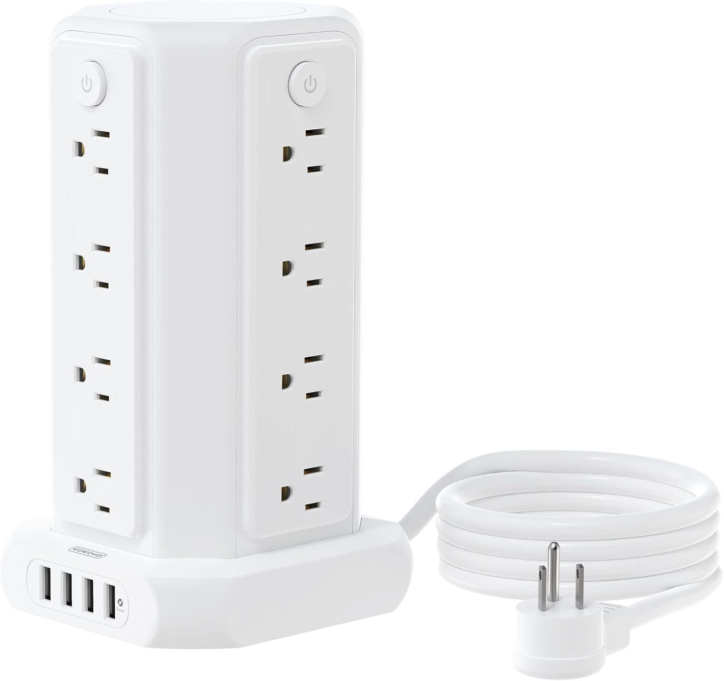 10-Foot Power Strip Tower with 16 Outlets, 1875W, 15A, Flat Plug Surge Protector, 4 USB Ports, Individual Switches, 1080 Joules Overload Protection for Home Office, White