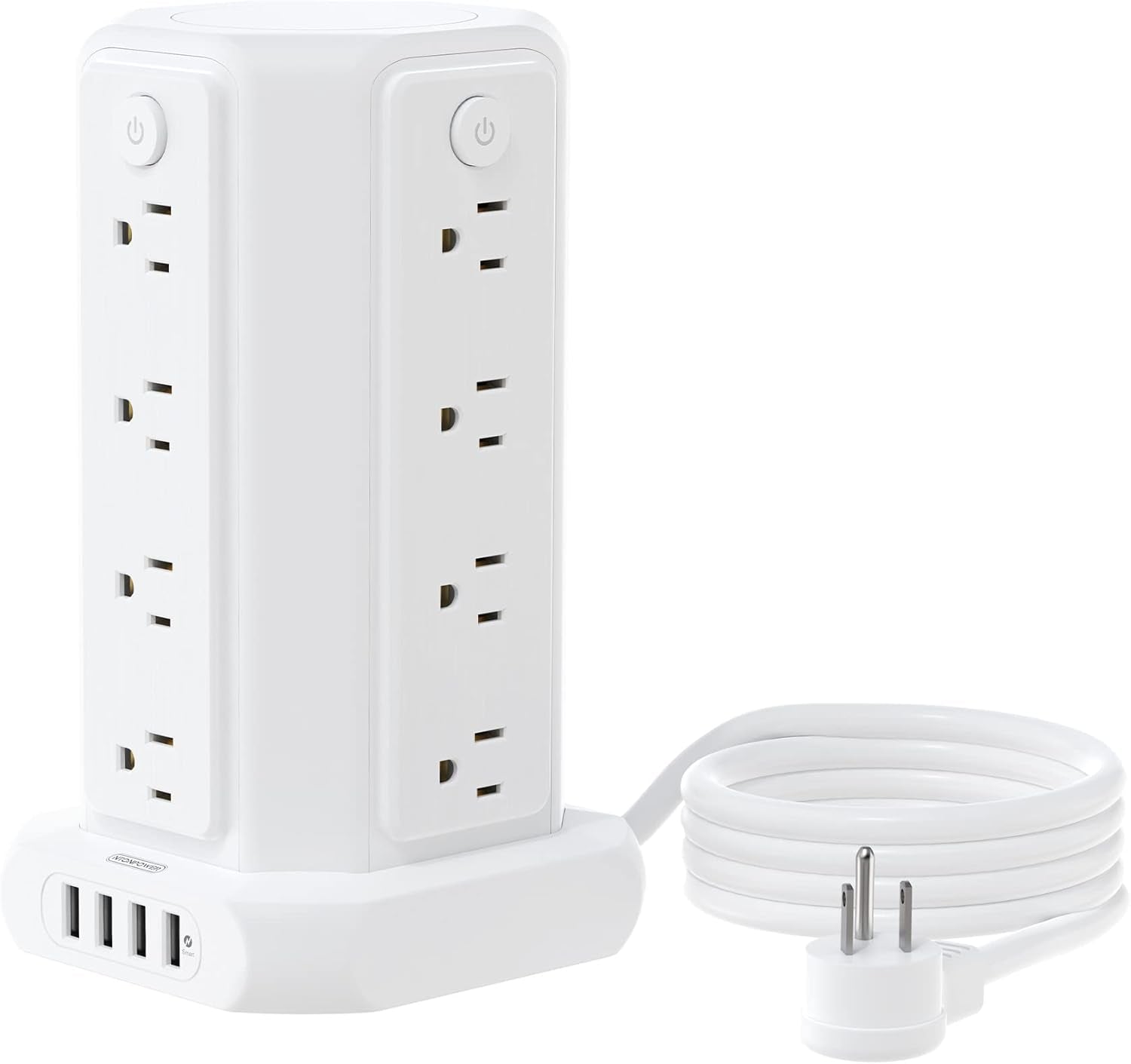 10-Foot Power Strip Tower with 16 Outlets, 1875W, 15A, Flat Plug Surge Protector, 4 USB Ports, Individual Switches, 1080 Joules Overload Protection for Home Office, White