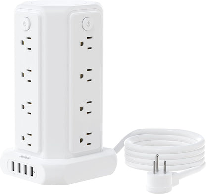 10-Foot Power Strip Tower with 16 Outlets, 1875W, 15A, Flat Plug Surge Protector, 4 USB Ports, Individual Switches, 1080 Joules Overload Protection for Home Office, White