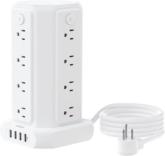 10-Foot Power Strip Tower with 16 Outlets, 1875W, 15A, Flat Plug Surge Protector, 4 USB Ports, Individual Switches, 1080 Joules Overload Protection for Home Office, White