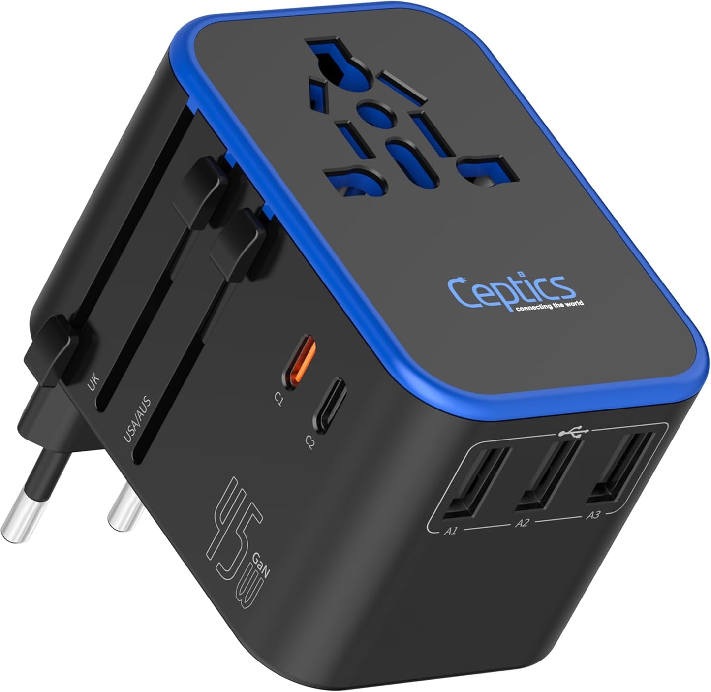 45W Universal Travel Adapter W/ 3 USB-A, 2 USB-C & Universal Input | International Power Adapter, Type A, C, G & I Plugs, Universal Socket for Global Compatibility, PD 45W Fast Charge