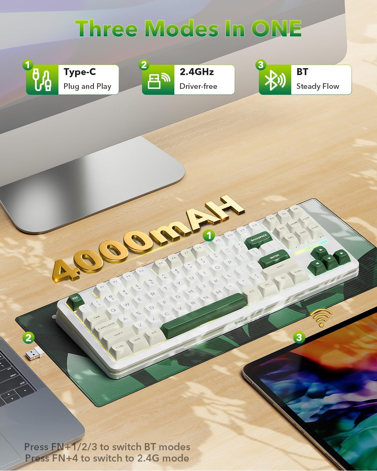 K734W 75% Wireless Mechanical Keyboard with RGB Lighting - White & Green | Bluetooth 5.0/2.4G/USB-C, 81-Key TKL Custom Hot Swappable Gaming Keyboard, Pre-Lubed Linear Switches, Gasket Design for PC/MAC