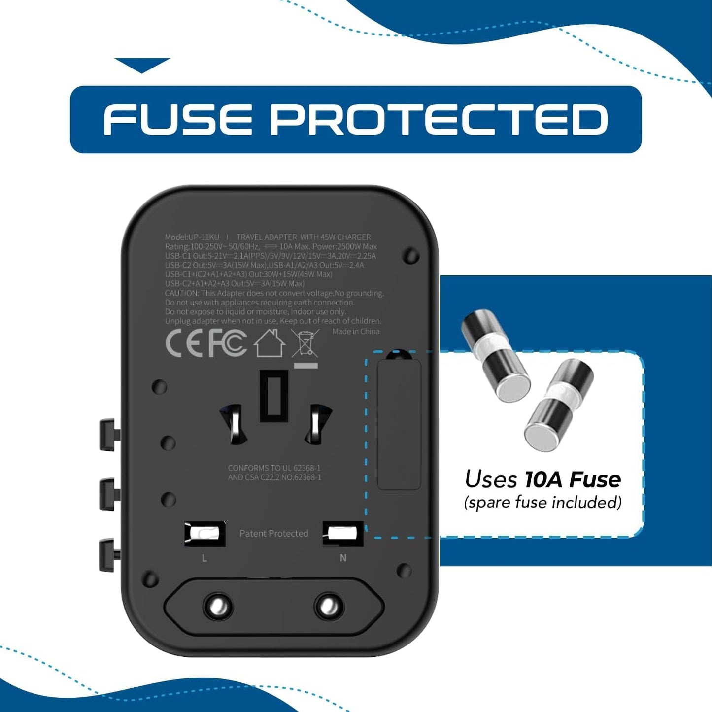 45W Universal Travel Adapter W/ 3 USB-A, 2 USB-C & Universal Input | International Power Adapter, Type A, C, G & I Plugs, Universal Socket for Global Compatibility, PD 45W Fast Charge