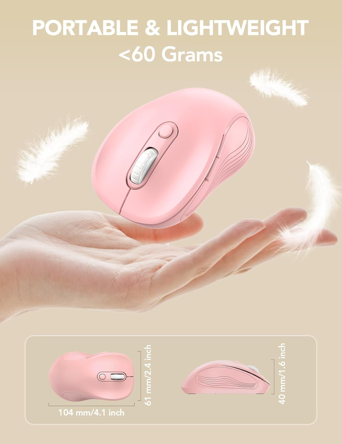 Wireless Mouse for Laptop, Ergonomic 6-Button Mouse, Baby Pink | 2.4Ghz USB Receiver, Back/Forward Buttons, 3 Adjustable DPI Levels, Silent Clicks, USB-C Adapter, Windows/Mac/Chrome Os/Linux