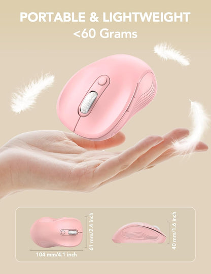 Wireless Mouse for Laptop, Ergonomic 6-Button Mouse, Baby Pink | 2.4Ghz USB Receiver, Back/Forward Buttons, 3 Adjustable DPI Levels, Silent Clicks, USB-C Adapter, Windows/Mac/Chrome Os/Linux