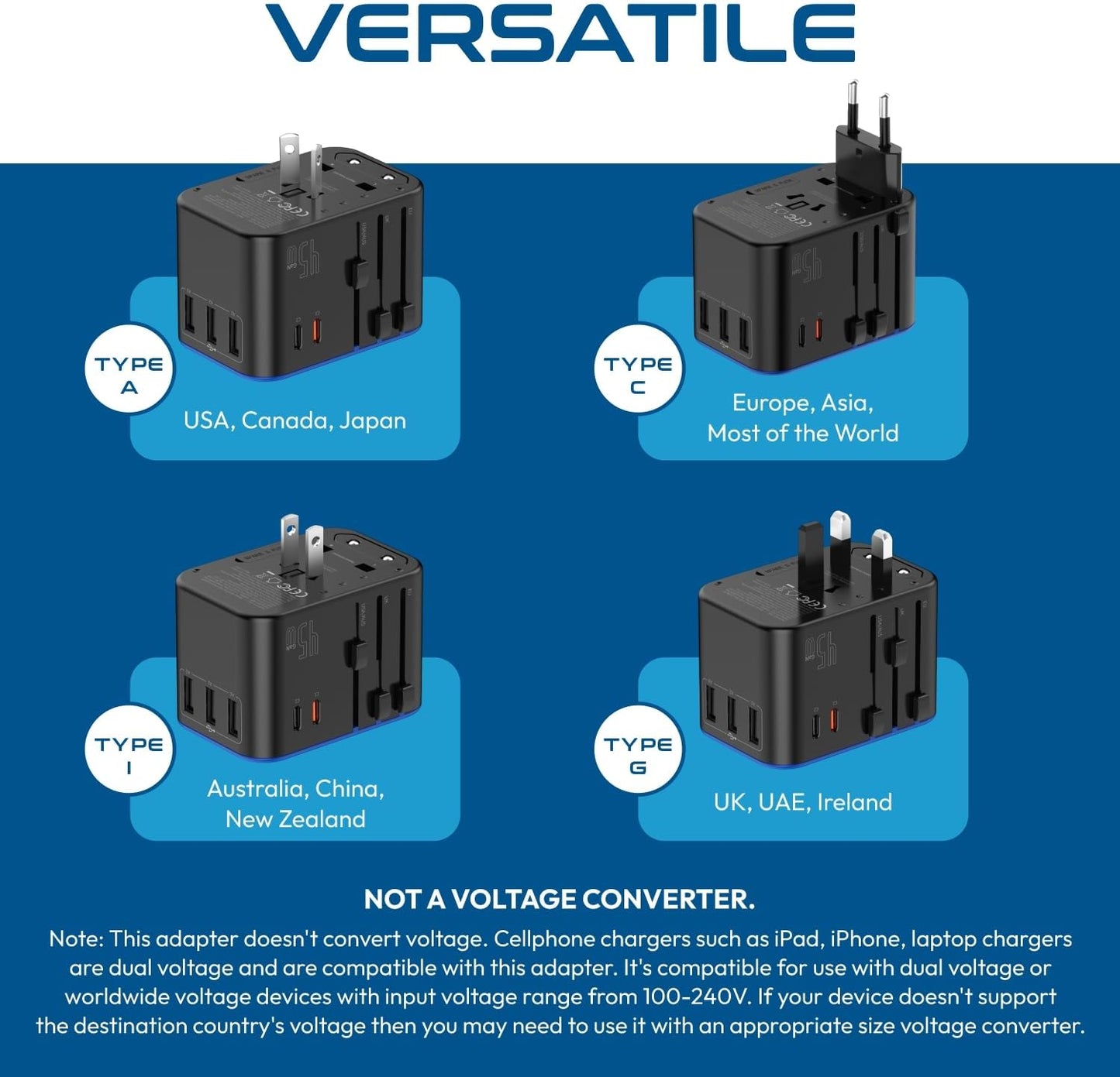 45W Universal Travel Adapter W/ 3 USB-A, 2 USB-C & Universal Input | International Power Adapter, Type A, C, G & I Plugs, Universal Socket for Global Compatibility, PD 45W Fast Charge
