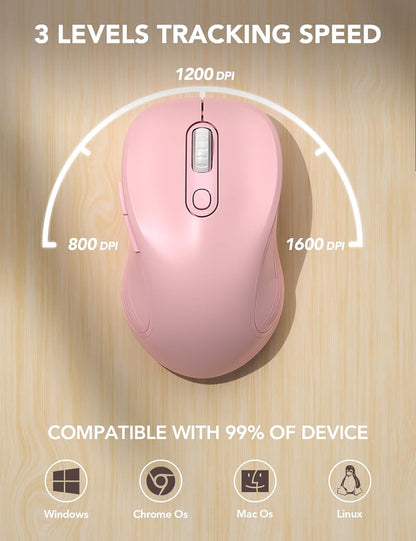 Wireless Mouse for Laptop, Ergonomic 6-Button Mouse, Baby Pink | 2.4Ghz USB Receiver, Back/Forward Buttons, 3 Adjustable DPI Levels, Silent Clicks, USB-C Adapter, Windows/Mac/Chrome Os/Linux