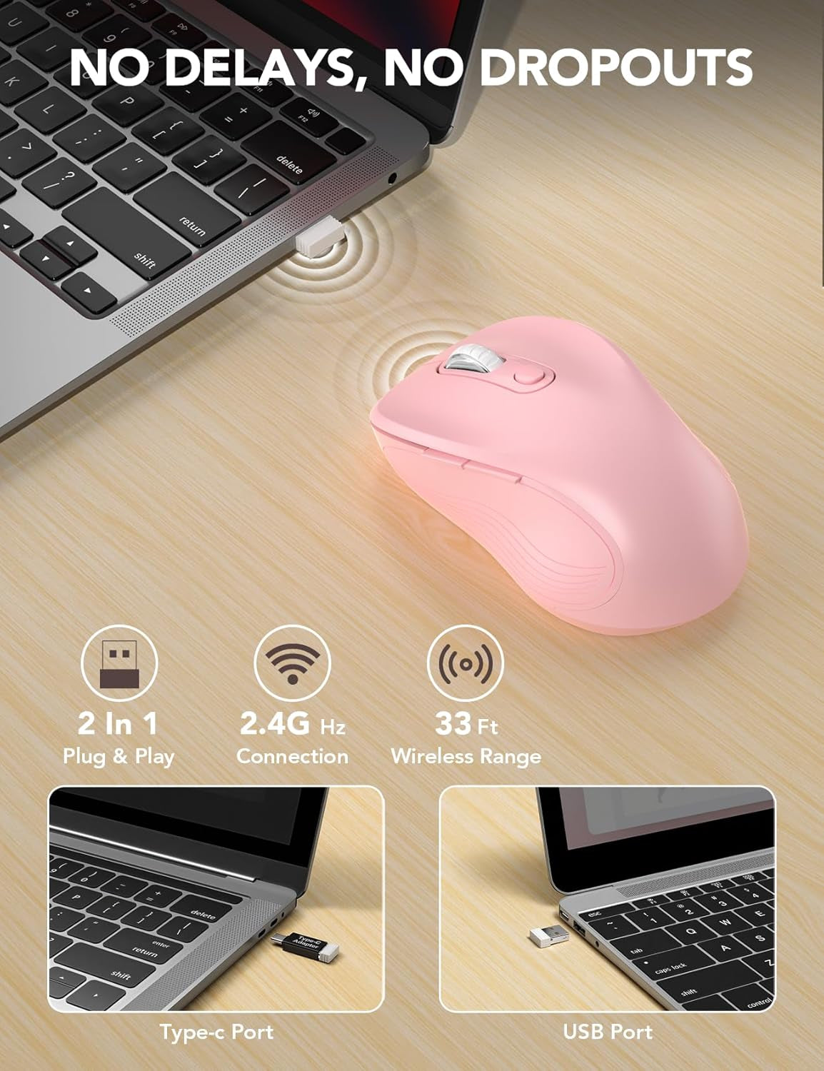 Wireless Mouse for Laptop, Ergonomic 6-Button Mouse, Baby Pink | 2.4Ghz USB Receiver, Back/Forward Buttons, 3 Adjustable DPI Levels, Silent Clicks, USB-C Adapter, Windows/Mac/Chrome Os/Linux