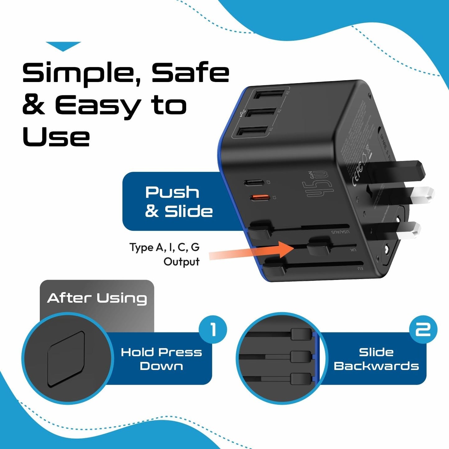 45W Universal Travel Adapter W/ 3 USB-A, 2 USB-C & Universal Input | International Power Adapter, Type A, C, G & I Plugs, Universal Socket for Global Compatibility, PD 45W Fast Charge